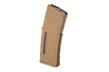 5.56x45 mm 'lik, şeffaf bir pencere, dokulu yüzey ve dayanıklı tasarım içeren, taktik, askeri ve atış uygulamaları için tasarlanmış, bronz polimer bir tüfek şarjörü..