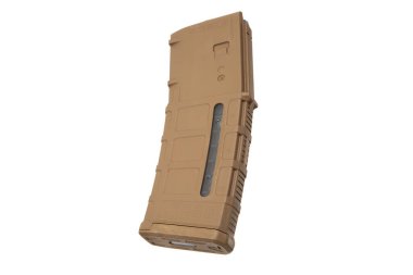 5.56x45 mm 'lik, şeffaf bir pencere, dokulu yüzey ve dayanıklı tasarım içeren, taktik, askeri ve atış uygulamaları için tasarlanmış, bronz polimer bir tüfek şarjörü..
