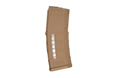 5.56x45 mm 'lik, şeffaf bir pencere, dokulu yüzey ve dayanıklı tasarım içeren, taktik, askeri ve atış uygulamaları için tasarlanmış, bronz polimer bir tüfek şarjörü..