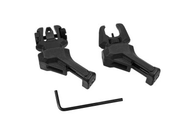 Ateşli silahlar için siyah kapaklı demir görüşler, L şeklinde bir büyü anahtarı, ayarlama kabiliyeti, hassasiyet ve taktiksel işlevsellik, atış sporları ve profesyonel kullanımda demiryolu montajlı uygulamalar için tasarlanmış.