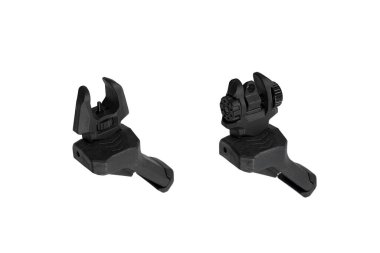 Pikatinny demiryolu montajı için tasarlanmış, taktiksel ya da av uygulamaları için dayanıklılık, ayarlama ve hassasiyet sunan, ateşli silahlar için bir çift siyah polimer kaplama demir nişan.