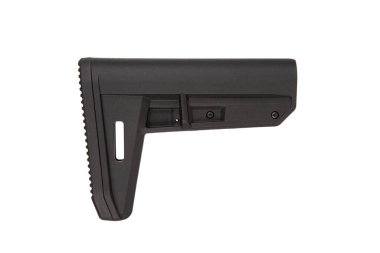 Atıcılar için istikrar, destek ve ergonomik kavrama sağlayan, taktik, avcılık ve profesyonel kullanım için ideal, arka silah eklentisi için tasarlanmış dayanıklı bir siyah polimer tüfek stoğu.