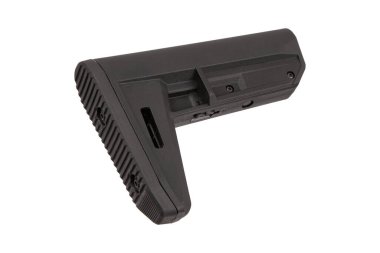 Atıcılar için istikrar, destek ve ergonomik kavrama sağlayan, taktik, avcılık ve profesyonel kullanım için ideal, arka silah eklentisi için tasarlanmış dayanıklı bir siyah polimer tüfek stoğu.