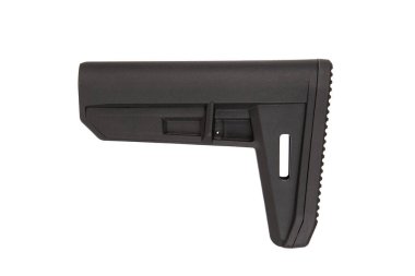 Atıcılar için istikrar, destek ve ergonomik kavrama sağlayan, taktik, avcılık ve profesyonel kullanım için ideal, arka silah eklentisi için tasarlanmış dayanıklı bir siyah polimer tüfek stoğu.