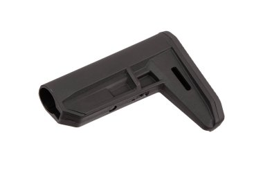 Atıcılar için istikrar, destek ve ergonomik kavrama sağlayan, taktik, avcılık ve profesyonel kullanım için ideal, arka silah eklentisi için tasarlanmış dayanıklı bir siyah polimer tüfek stoğu.