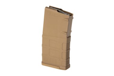 7.62x51 kalibrelik bronz polimer tüfek şarjörü, dayanıklı yapı ve desenli tutuş, yüksek kapasiteli depolama için tasarlanmış, beyaz bir arka planda izole edilmiş, taktik ve atış uygulamaları için ideal..