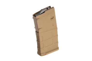 7.62x51 kalibrelik bronz polimer tüfek şarjörü, dayanıklı yapı ve desenli tutuş, yüksek kapasiteli depolama için tasarlanmış, beyaz bir arka planda izole edilmiş, taktik ve atış uygulamaları için ideal..