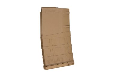 7.62x51 kalibrelik bronz polimer tüfek şarjörü, dayanıklı yapı ve desenli tutuş, yüksek kapasiteli depolama için tasarlanmış, beyaz bir arka planda izole edilmiş, taktik ve atış uygulamaları için ideal..