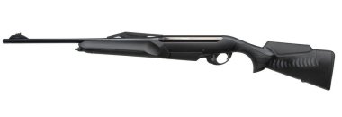 Sentetik stok ve uzun namlulu siyah yarı otomatik tüfek, katalog veya sunum kullanımı için beyaz zemin üzerinde izole