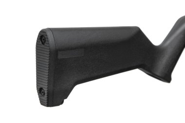 Siyah sentetik tüfek kabzasının yakın plan görüntüsü, kauçuk yastıklı, beyaz 