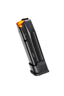 9 mm 'lik mermiler için tasarlanmış, berraklık ve detay için beyaz üzerine izole edilmiş, görünür turuncu takipçili siyah tabanca dergisi.