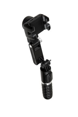 Siyah titreşim dengeleyicisi, beyaz arka planda desenli kol ve telefon kıskacı.