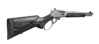 Paslanmaz çelik alıcısı ve siyah lamine ahşap stoğu olan, beyaz arka planda izole bir av tüfeği..