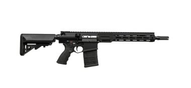 M-LOK güvenlik, teleskopik stok ve flaş saklayıcı ile modern AR-15 tarzı tüfek.