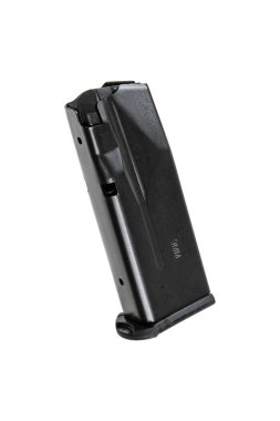 Beyaz arka planda gösterilen 9mm 'lik mühimmat için siyah metal tabanca şarjörü..