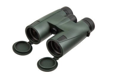 Açık objektif kapaklı yeşil dürbünler, beyaz arkaplanda izole edilmiş..