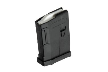 Cıvatalı veya yarı otomatik tüfekler için siyah polimer tüfek şarjörü, kompakt tasarım ve görünür takipçi içerir.