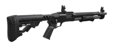 Beyaz arka planda katlama görüşlü taktik pompalı tüfek.