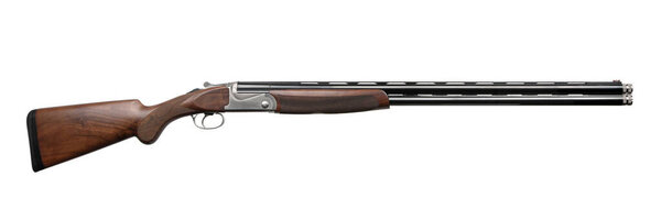 A long, double-barreled shotgun with a wooden stock is shown on a white background.
