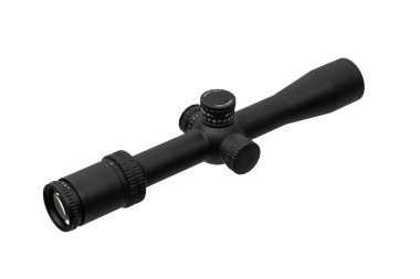 Beyaz arka planda uzun siyah bir tüfek dürbünü..