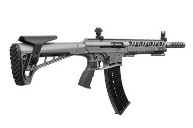 Beyaz arka planda izole edilmiş siyah bir şarjörü olan modern gri yarı otomatik av tüfeği..