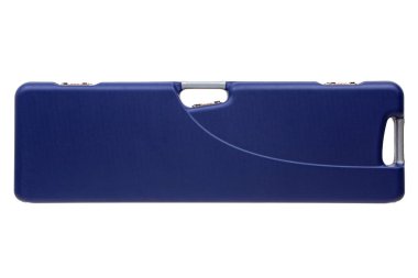 Gri saplı ve kombinasyon kilitli, beyaz arka planda izole edilmiş uzun mavi bir çanta..