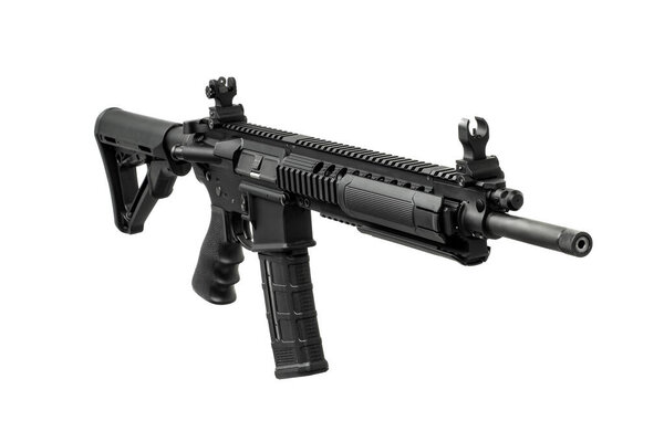 A modern black assault rifle with an adjustable stock and iron sights, isolated on a white background.