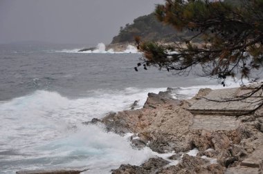 Mali Losinj sahil şeridinde kayalıklarda şiddetli dalgalar kopuyor. Hırvatistan 'daki Losinj adası, Avrupa' daki Nord sahili