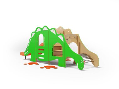 Beyaz arka planda gölgesi olan çocuklar için yeşil dinozor oyun parkının 3 boyutlu çizimi