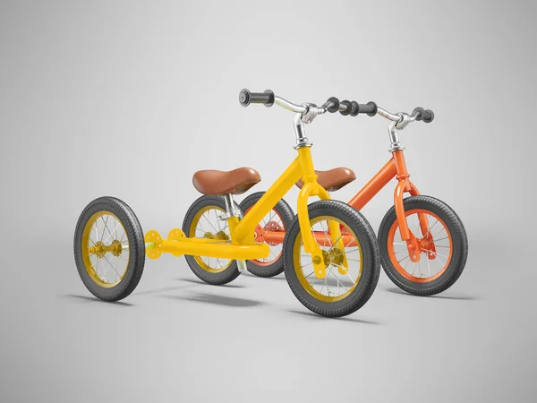 3d illustration of childrens bicycles without pedals on gray background with shadow