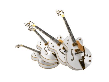 Beyaz arka planda yarı akustik elektro gitar grubunun 3 boyutlu çizimi gölge yok