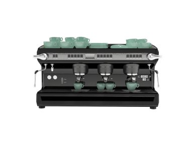 Beyaz arka planda gölgesi olmayan altı fincan kahve makinesinin üç boyutlu çizimi