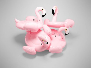 Gri arka planda, denizde dinlenen, şişme daire şeklinde pembe tavus kuşlarının üç boyutlu bir çizimi.