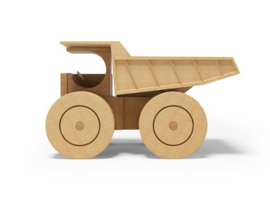 3D illüstrasyon oyuncağı damperli kamyon yan görünümü beyaz arka planda gölgeli