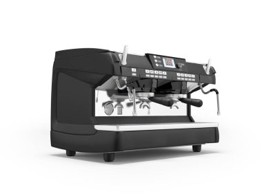 Beyaz arka planda gölgeli yüksek performanslı modern endüstriyel kahve makinesinin üç boyutlu çizimi
