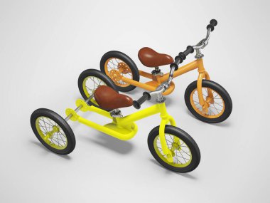 Gri arka planda pedalsız, gölgeli bisiklet setinin 3D çizimi