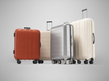 Turist bayramları için tekerlekli bavulların üç boyutlu çizimi. Gri arka planda, gölgeli.