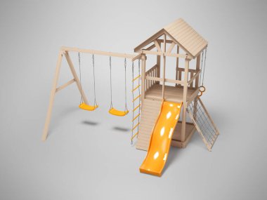 Gri arkaplandaki oyunlar için salıncaklı ve kaydırmalı ahşap oyun parkının üç boyutlu çizimi