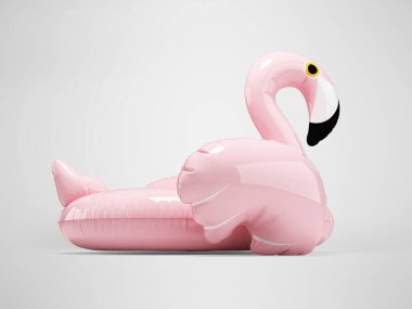 Gri arka planda gölgeli denizde eğlenmek için şişirilebilir pembe tavus kuşunun 3 boyutlu çizimi