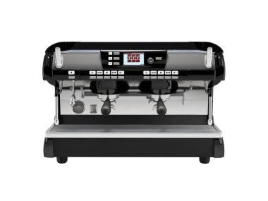 Küçük kahve makinesinin beyaz arka planda ön görünüm ve şık metal kutuda üç boyutlu illüstrasyonu.