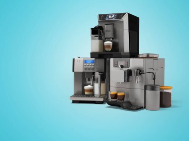 Mavi arka planda kapuçino makinesi olan profesyonel otomatik kahve makinesi seti.