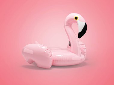 Kırmızı arka planda gölgeli yüzmek için şişirilebilir pembe tavus kuşu dairesinin 3 boyutlu çizimi