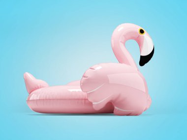 Mavi arka planda, denizde dinlenmek için şişirilebilir pembe tavus kuşunun 3 boyutlu çizimi.
