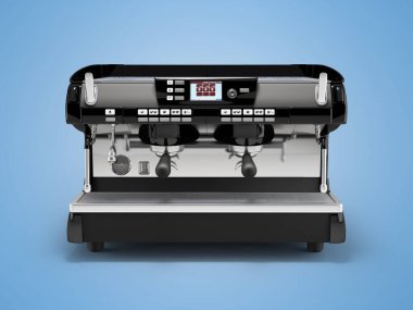 Modaya uygun metal çantalı küçük kahve makinesinin mavi arka planda, gölgeli üç boyutlu çizimi