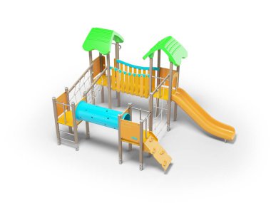 Beyaz arka planda gölgeli plaj oyunları için ahşap oyun parkının 3D çizimi