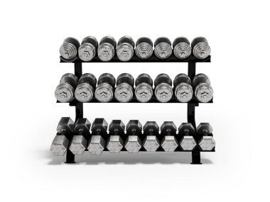 Beyaz arka planda gölgeli duran vücut geliştirme için üç boyutlu metal dambıl çizimi