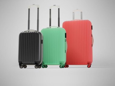 Turistler için tekerlekli bavulların gri arka planda, gölgeli bir şekilde seyahat etmelerinin 3D çizimi