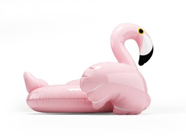Beyaz arka planda gölgeli denizde eğlenmek için şişirilebilir pembe tavus kuşunun 3 boyutlu çizimi