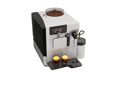 Beyaz arka planda süt öğütücüsüyle kahve öğütücüsü olan beyaz otomatik kahve makinesinin üç boyutlu çizimi.