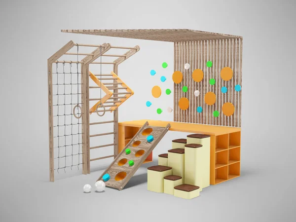 3D illustration of play complex in room for children on gray background with shadow